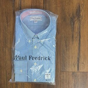 Paul Fredrick Men's Blue and White Striped Dress Shirt